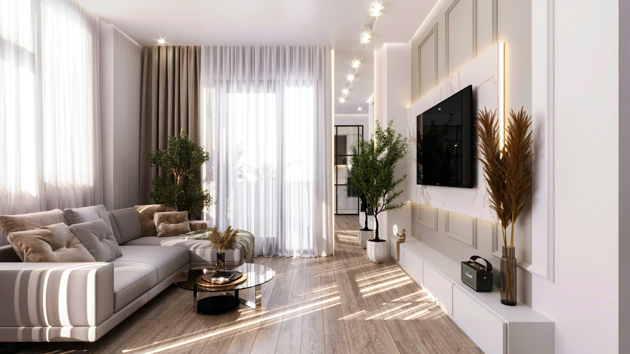 A luxurious living room in afternoon light.